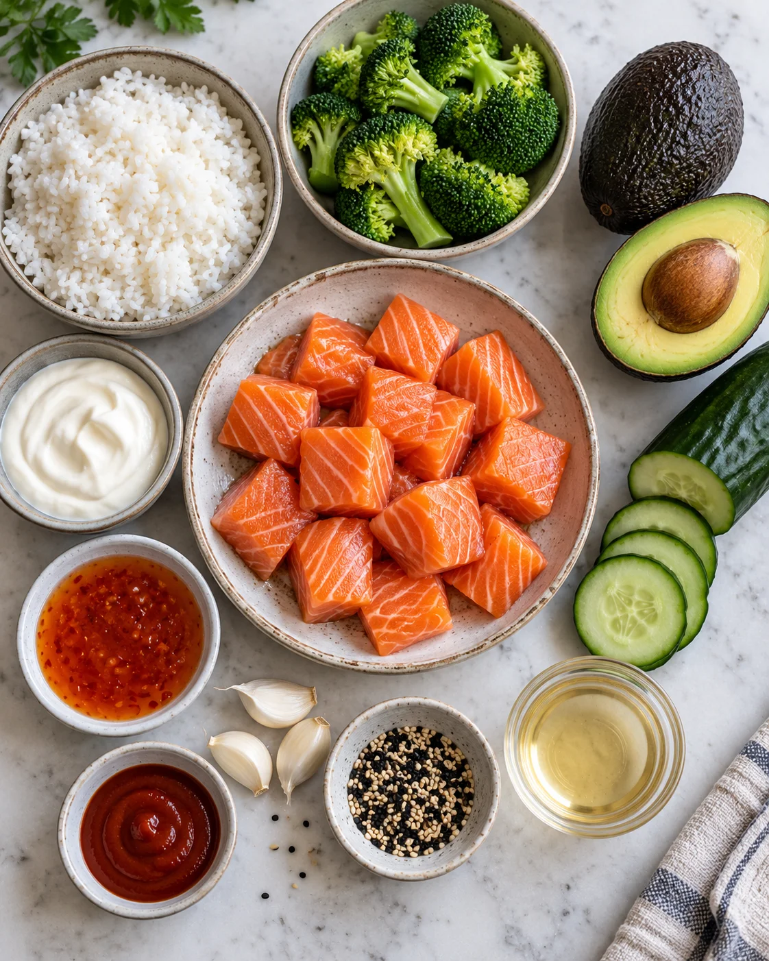 Top-down key ingredients for Salmon Rice Bowl with Crispy Bang Bang Salmon Bites