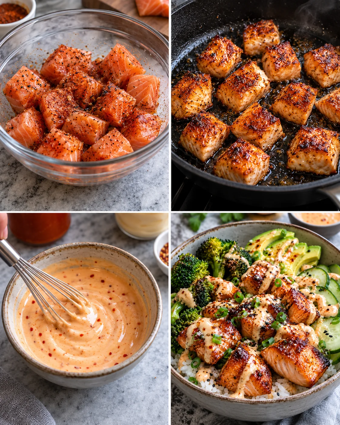 Four-step process showing how to prepare Salmon Rice Bowl with Crispy Bang Bang Salmon Bites
