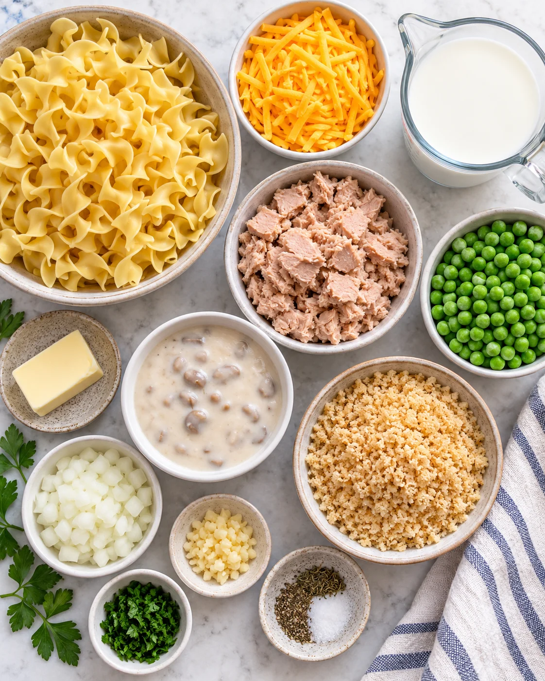 Top-down key ingredients for Tuna Noodle Casserole Recipe