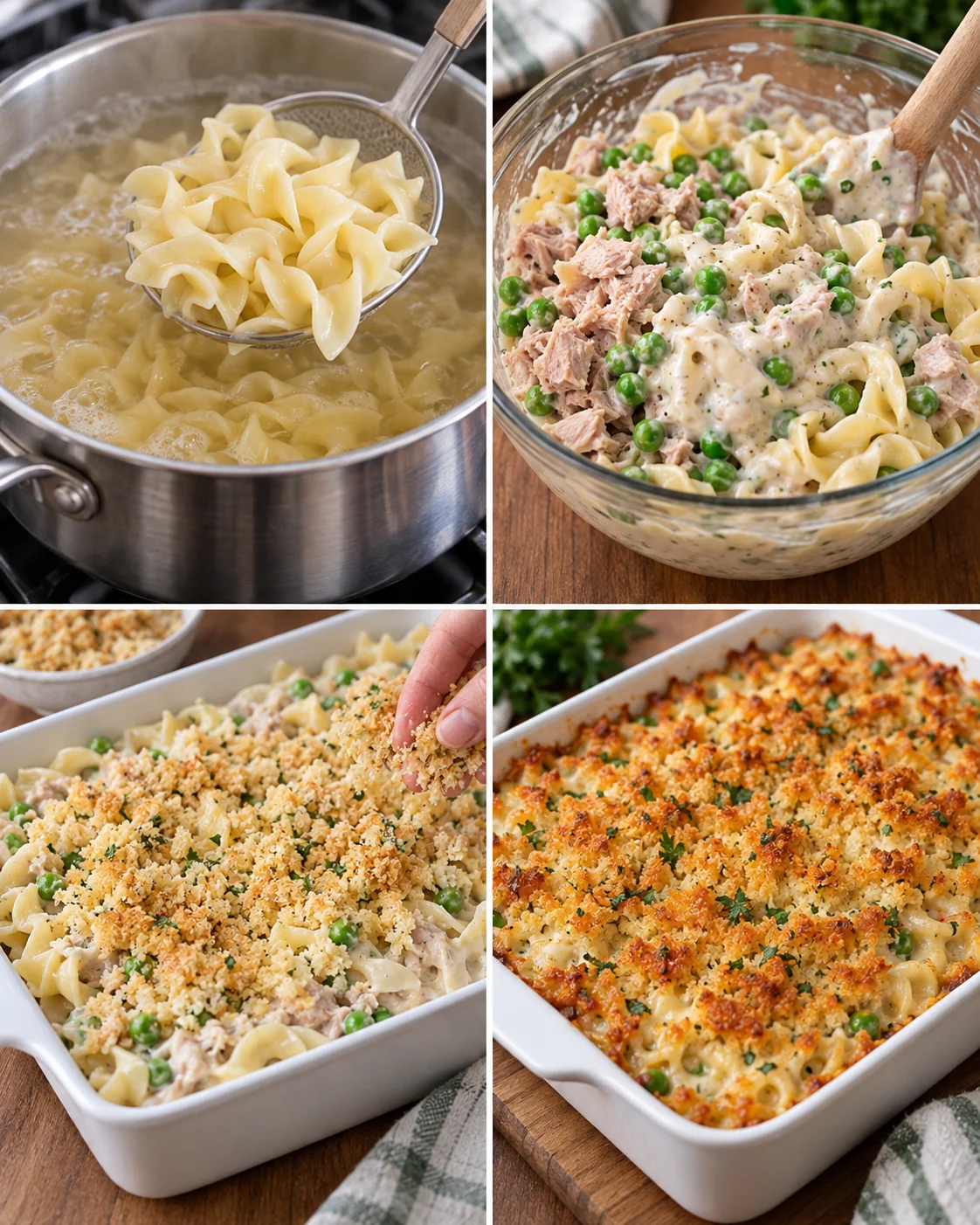 Four-step process showing how to prepare Tuna Noodle Casserole Recipe